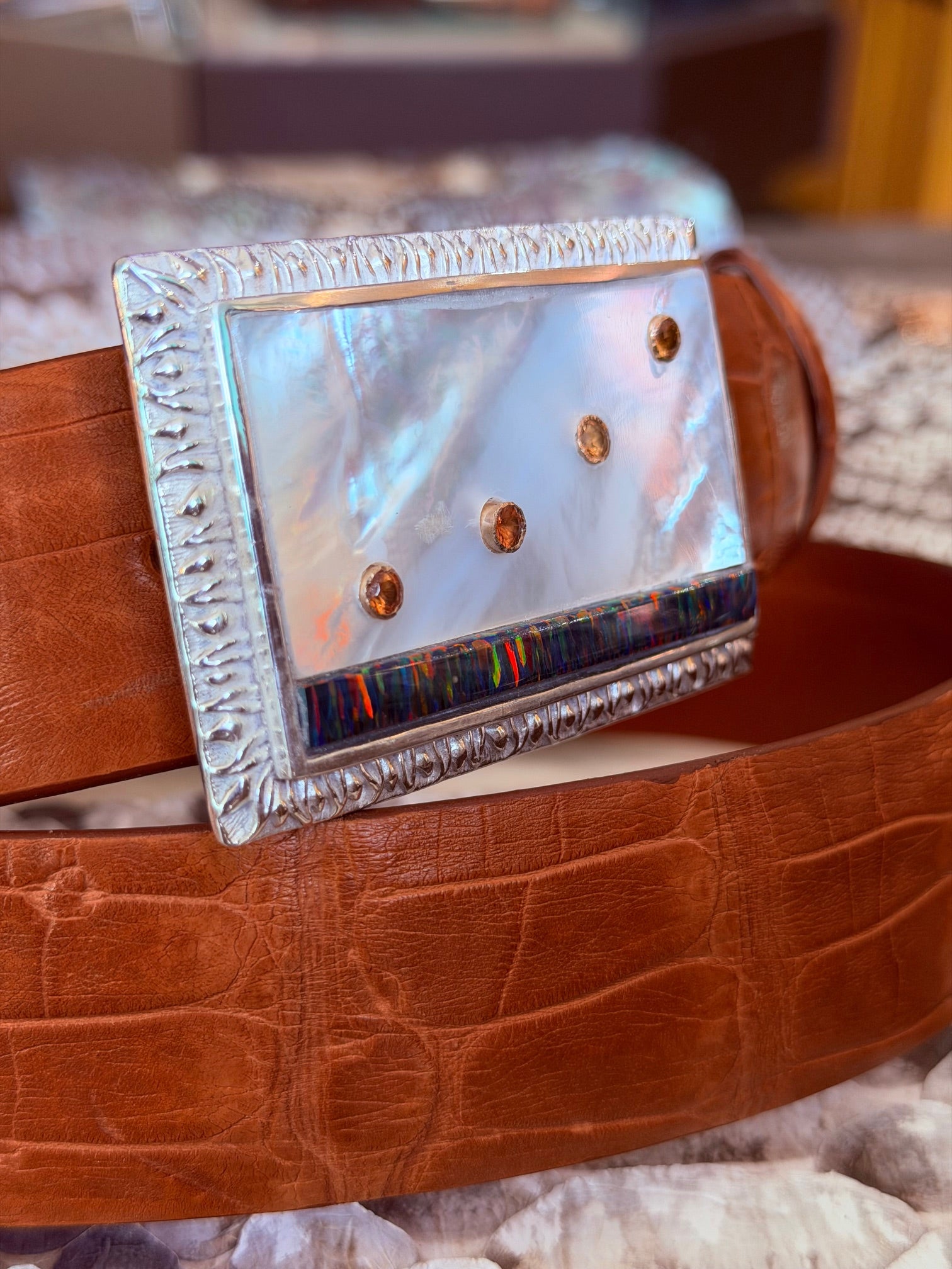 "Breckenridge" Mother of Pearl, Opal, Sapphire, Ruby and Sterling Silver Buckle