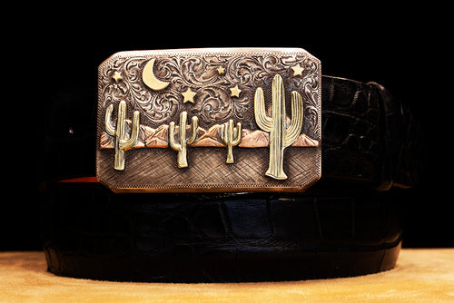 Bohlin "Arizona Cactus, Moon and Stars" Silver and Multi Color Gold Buckle