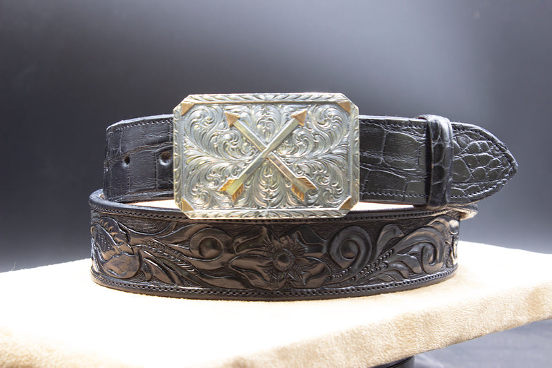 Black Hand Carved Belt With Alligator Billets with Sterling Silver and Gold Buckle
