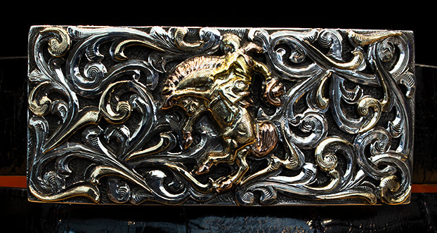 Bohlin "Bucking Horse" Sterling Silver and Multi Color 14k Gold Buckle with Scrolls