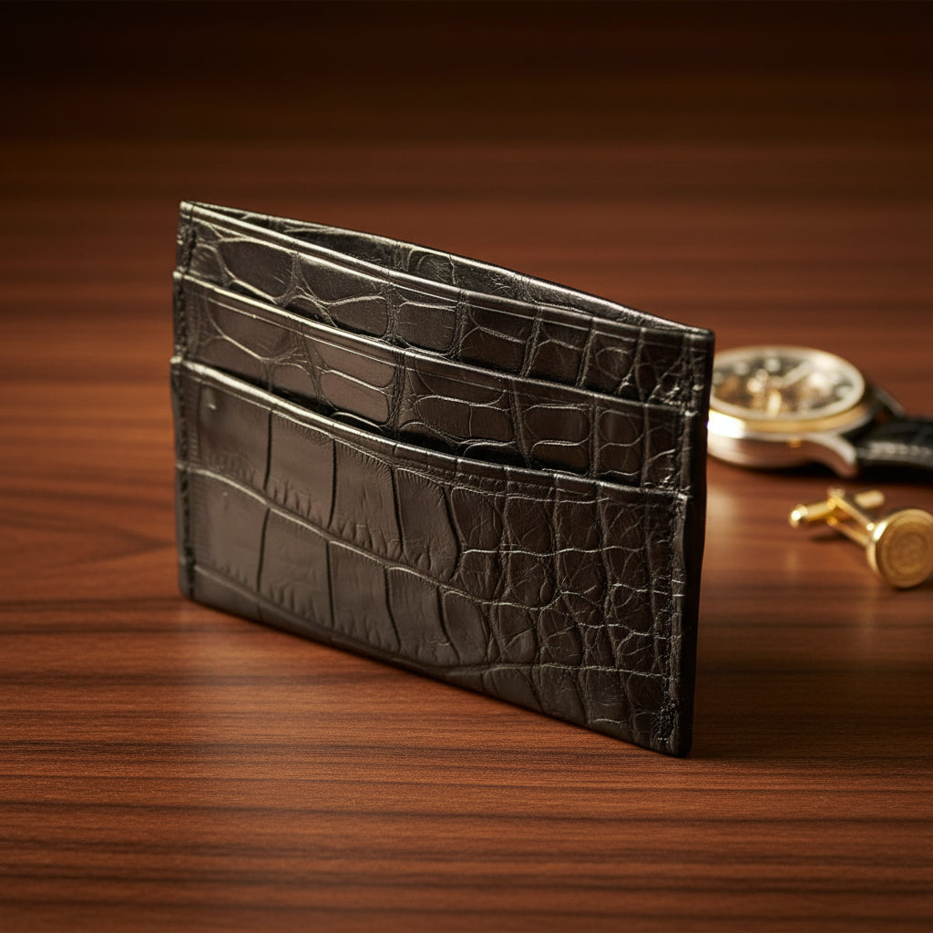 A black matte alligator card holder with visible card slots and a middle pouch, placed against a white background.