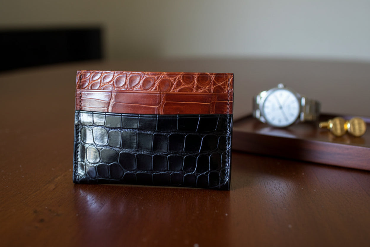 Black and Cognac Alligator Card Holder