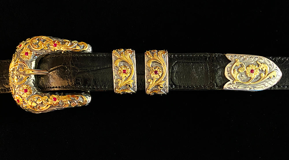 Chet Vogt Signature 4 Piece Silver and 14k Gold Buckle Set with Rubies