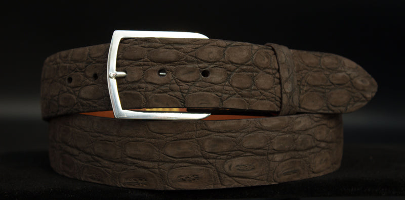 Chocolate Sueded Crocodile Belt with "Vail" Sterling Silver Buckle