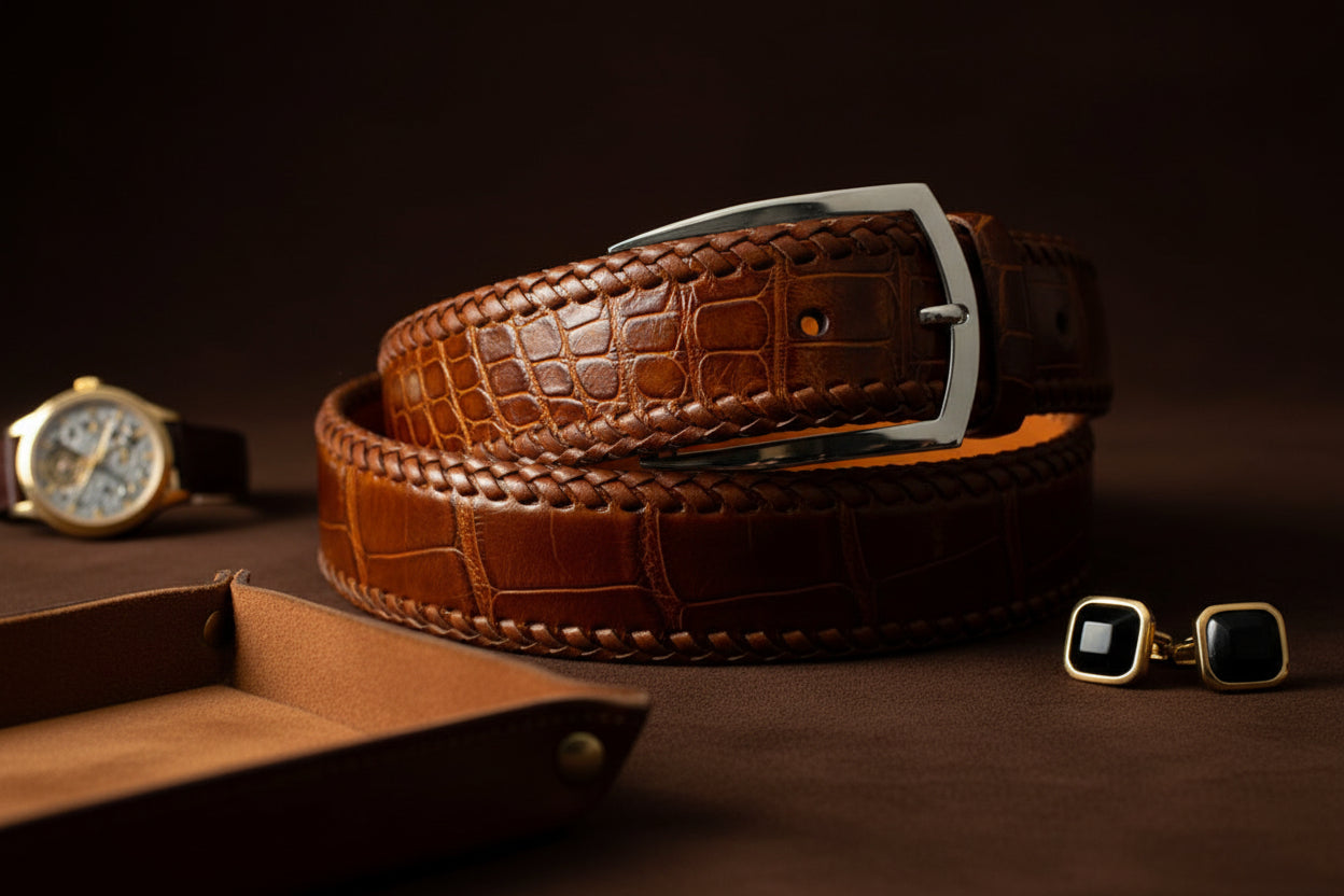 Cognac Hand Braided Alligator Belt With "Vail" Sterling Silver Buckle
