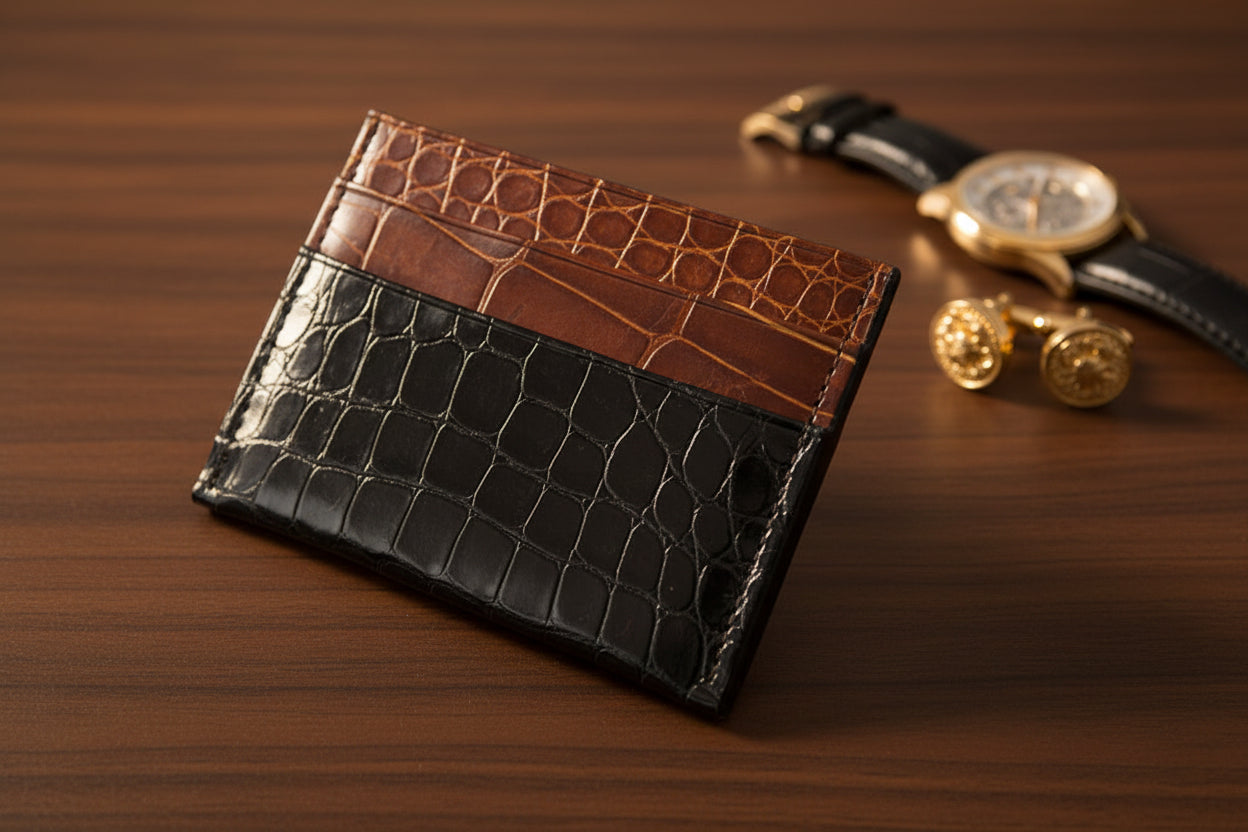 Black and Cognac Alligator Card Holder
