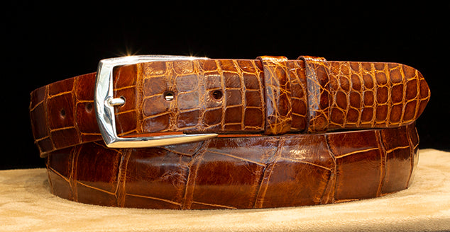 "Montrose" Sterling Silver Belt Buckle with Cognac Glazed Alligator Belt