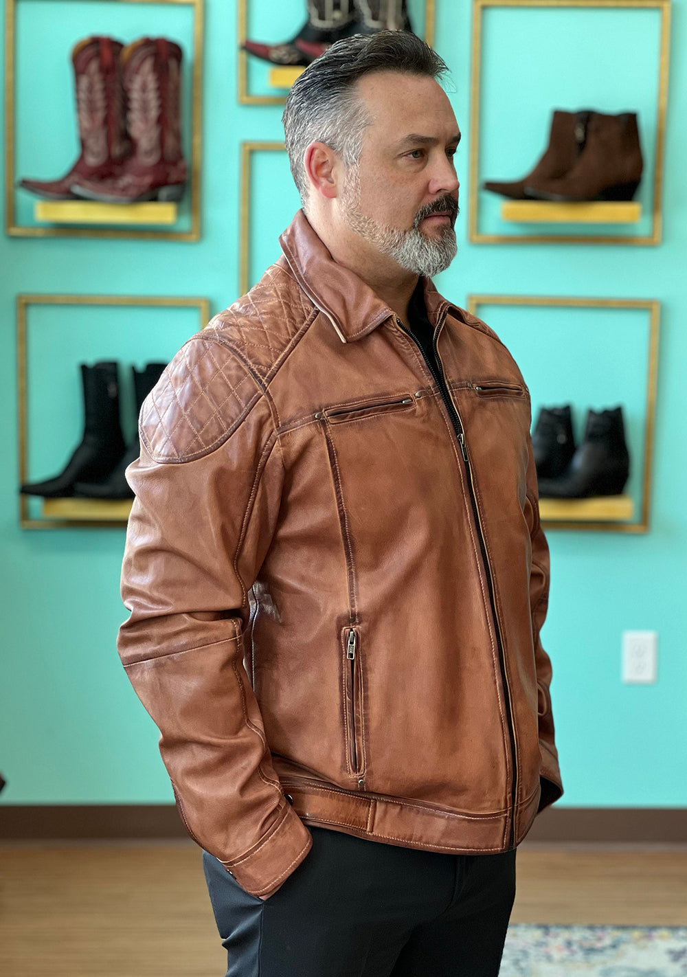 Cognac Leather Jacket With Shoulder Stitching