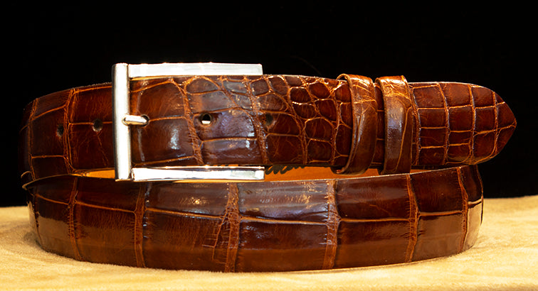 "Aspen" Sterling Silver Belt Buckle with Cognac Glazed Alligator Belt
