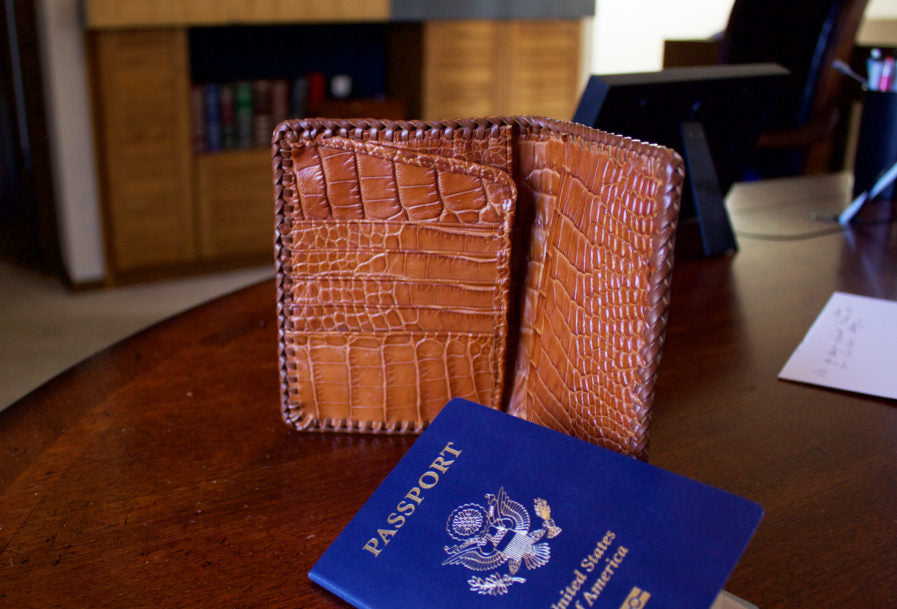 Cognac Hand Braided Hornback Full Alligator Passport Wallet