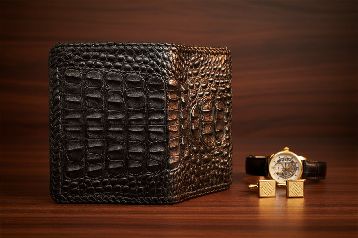 Black and Red Hand Braided Hornback Full Alligator Passport Wallet