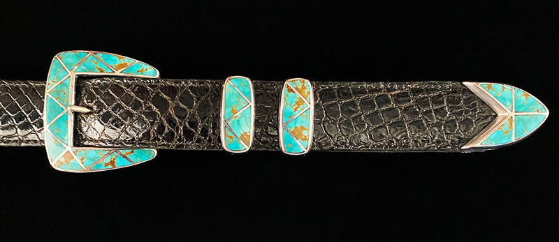 4 Piece Sterling Silver Buckle Set with Inlaid Turquoise