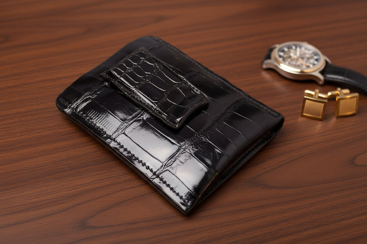 Slim Black Alligator Front Pocket Money Clip Card Holder Pouch Wallet
