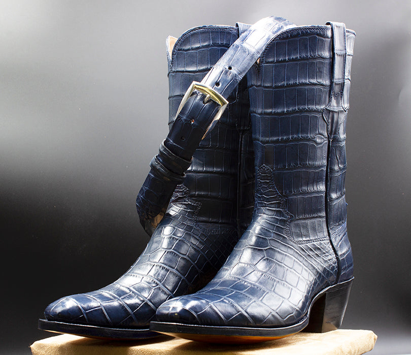 Men\'s Elegant Navy Crocodile Pattern Boots Drinking Horse Blue Alligator – Rockies Rebels main image 3