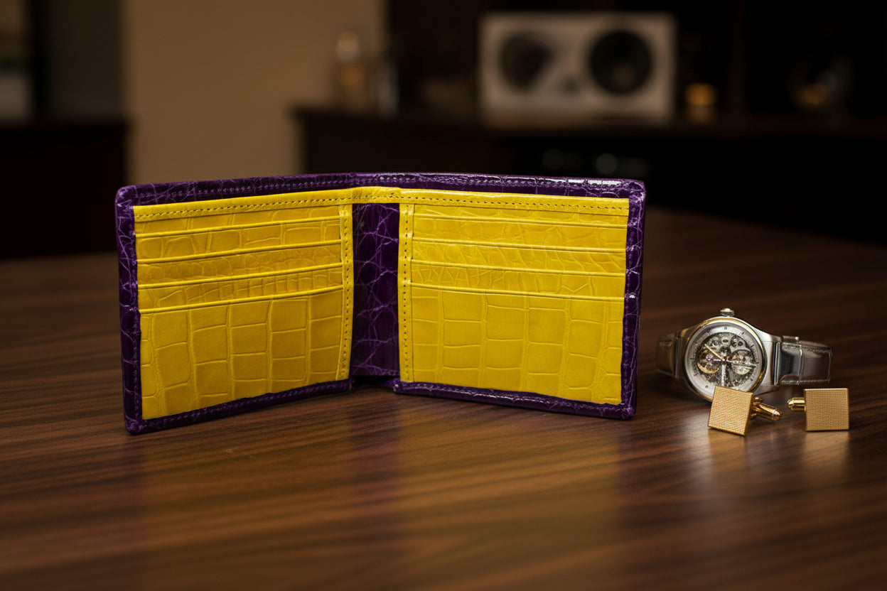 A bifold wallet made of purple and yellow alligator skin, displayed open to show multiple card slots and a bill compartment.