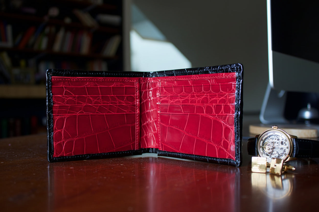 A bifold wallet made of black and red alligator skin, displayed open to show the interior compartments.