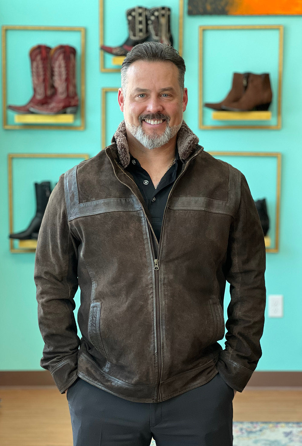 Suede Leather Jacket with Shearling Zip-out Collar