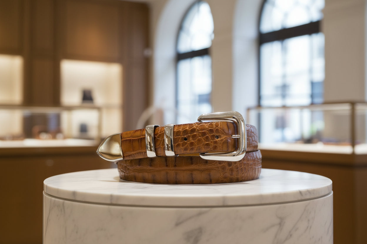 Cognac Hornback Alligator Belt With "New Yorker" 4 Piece Sterling Silver Buckle Set