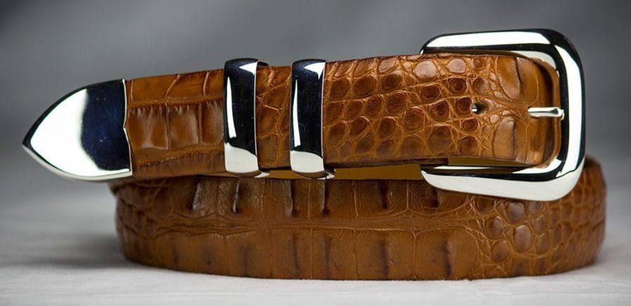 Cognac Hornback Alligator Belt With "New Yorker" 4 Piece Sterling Silver Buckle Set