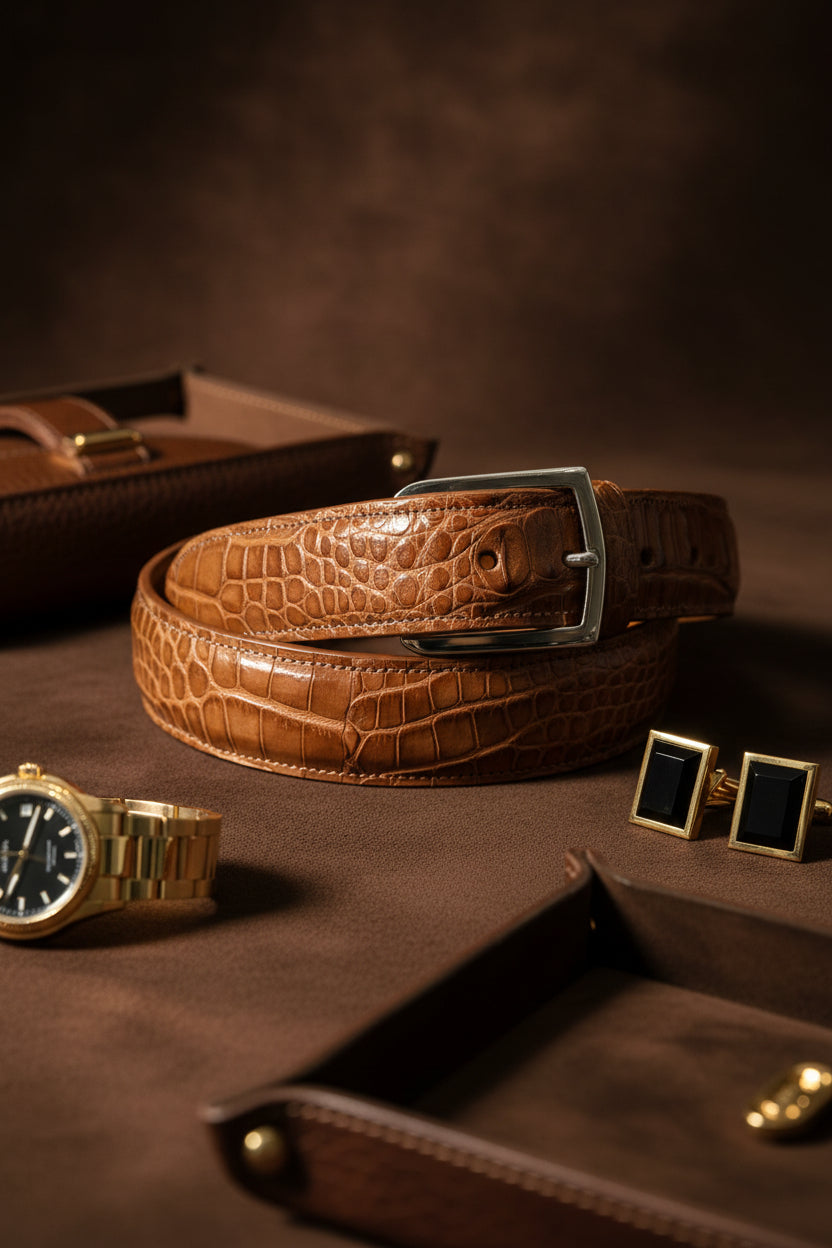 Tan Hornback Alligator Sterling Silver Buckle