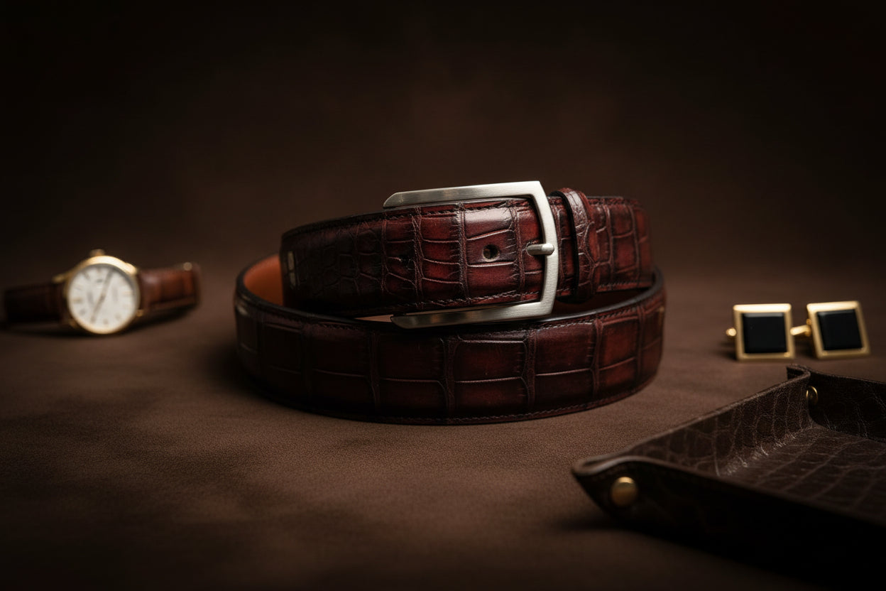 Black Cherry Alligator Belt With  Sterling Silver Buckle