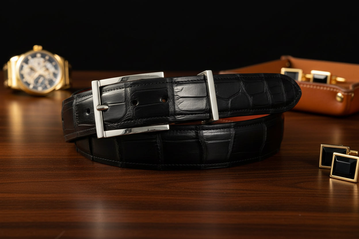 "Aspen" 2 Piece Sterling Silver Buckle Set with Alligator Belt