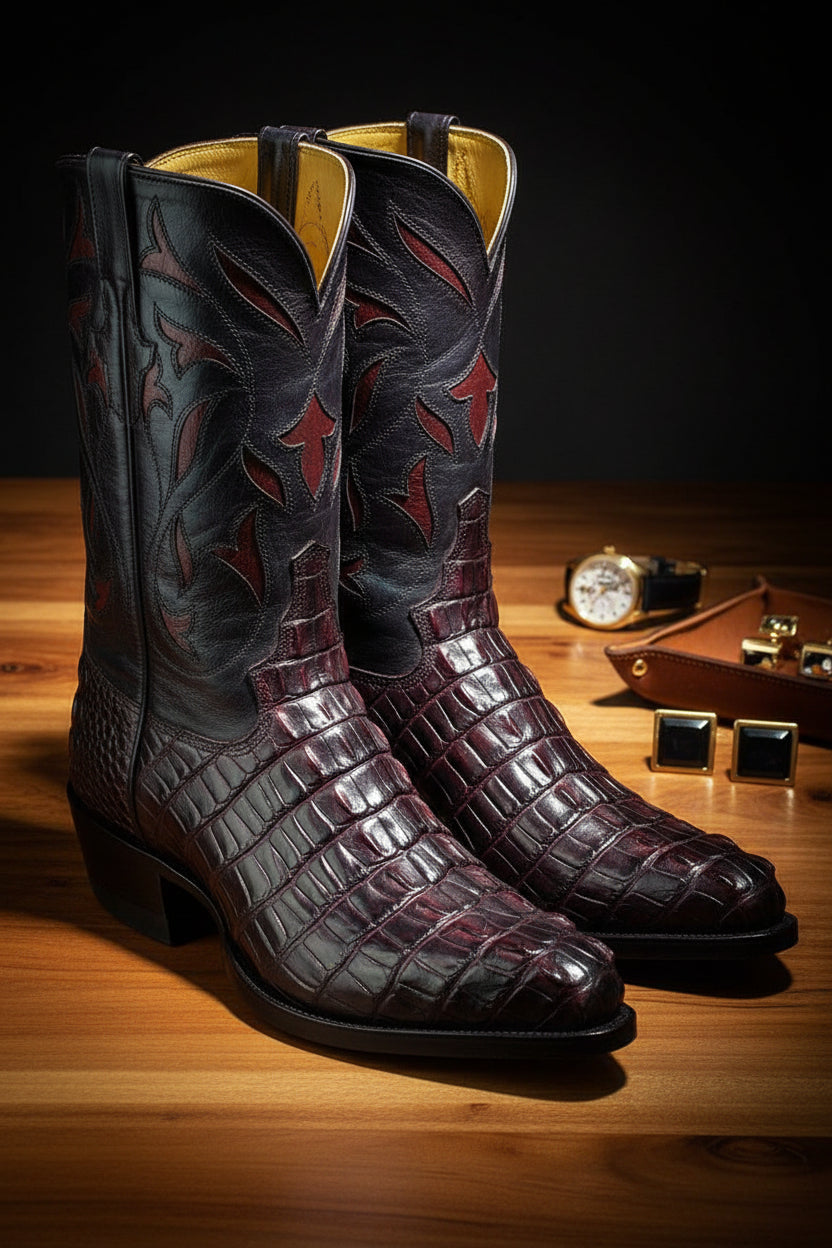 Black cherry hornback alligator boots