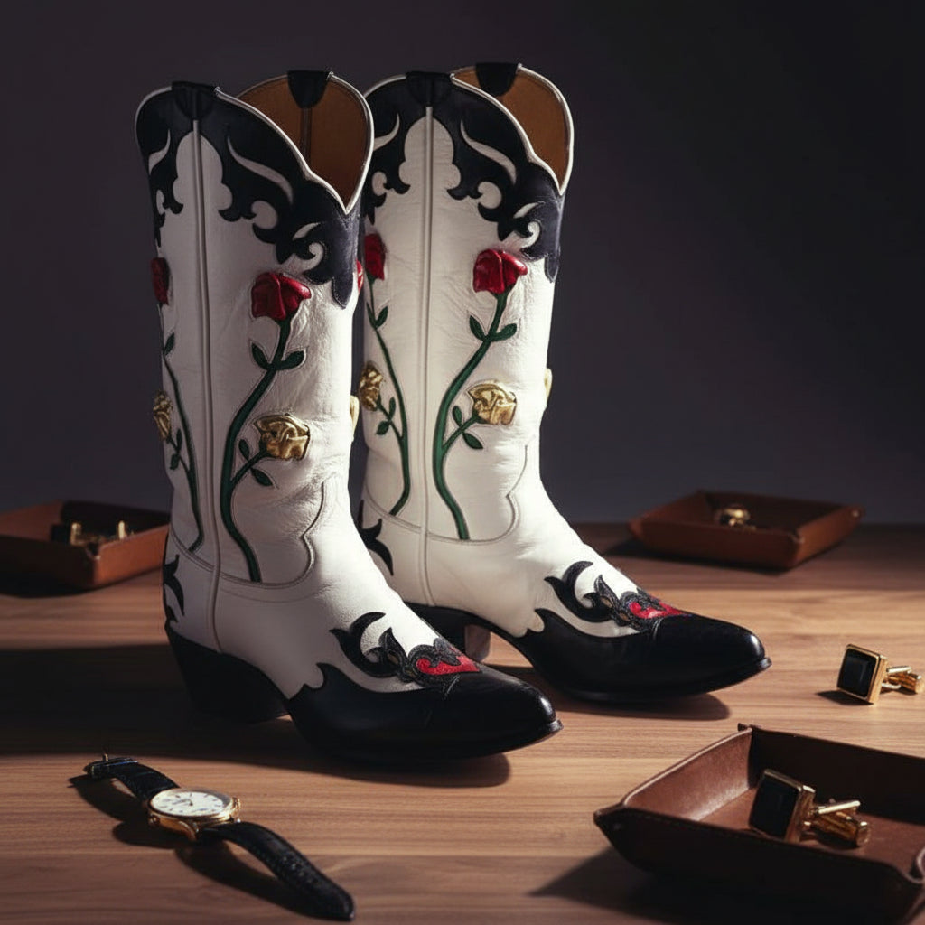 Black , white and roses boots
