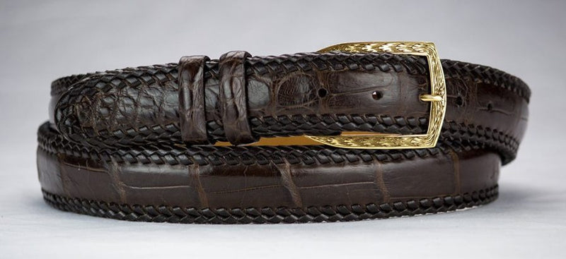 Matte Brown Alligator Belt with Hand Braided Edge and 18k Solid Gold Engraved Buckle