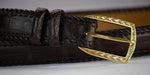 Matte Brown Alligator Belt with Hand Braided Edge and 18k Solid Gold Engraved Buckle