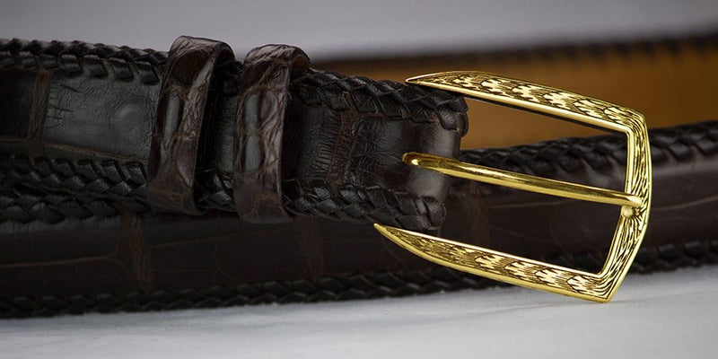 Matte Brown Alligator Belt with Hand Braided Edge and 18k Solid