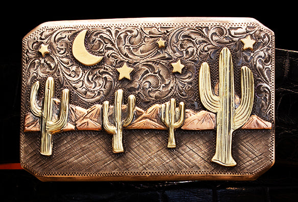 Bohlin "Arizona Cactus, Moon and Stars" Silver and Multi Color Gold Buckle