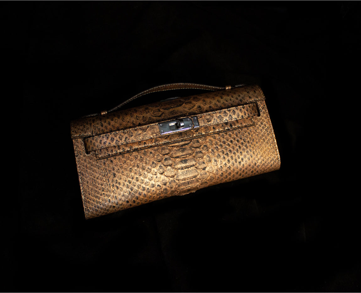 Rose Gold Metallic Python Top Handle Clutch