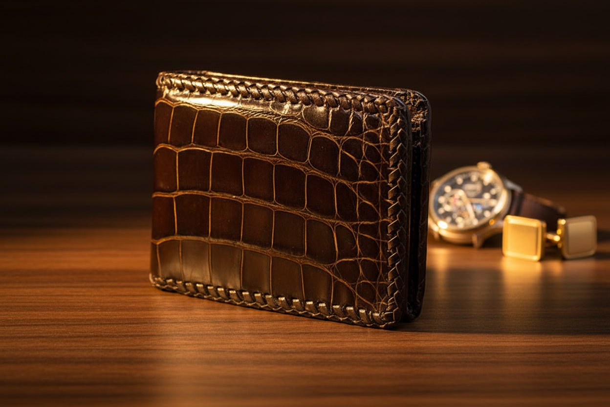 A chocolate brown alligator wallet with hand braided edges displayed against a white background.