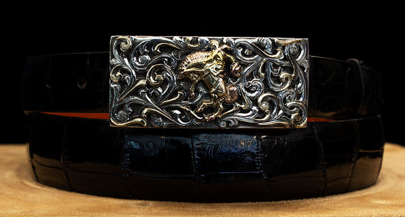 Bohlin "Bucking Horse" Sterling Silver and Multi Color 14k Gold Buckle with Scrolls