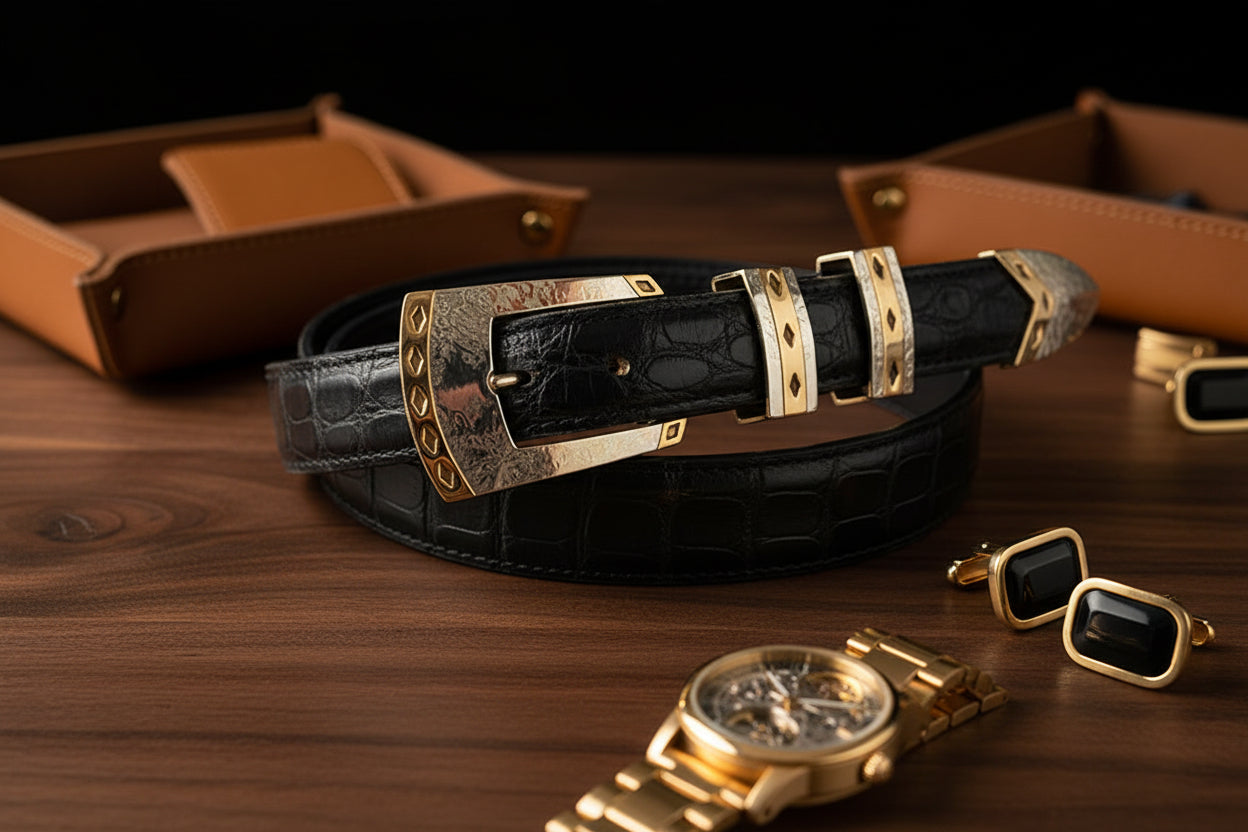 "Gold Diamonds" 4 Piece Sterling Silver and 14k Gold Buckle Set