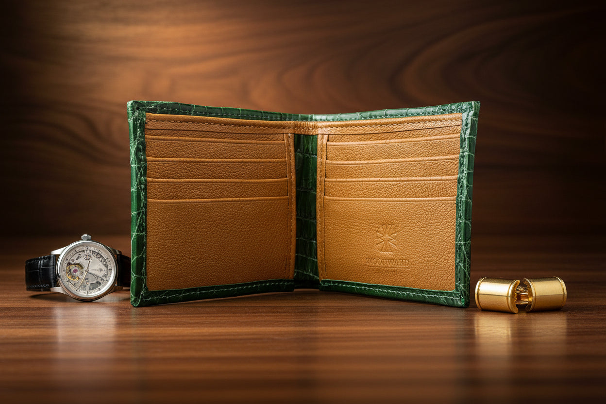 A green glazed alligator wallet with light brown interior, laid flat to show multiple card slots and a bill pocket.