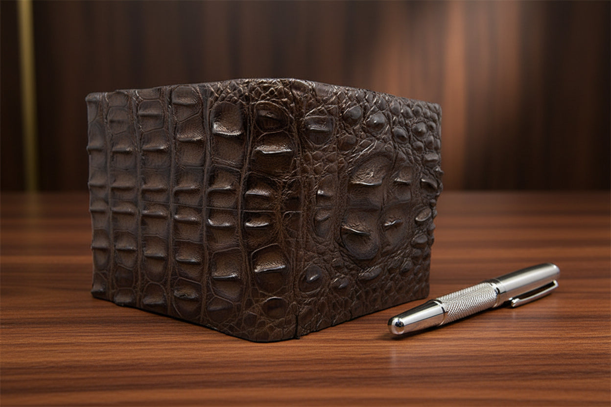 A closed brown alligator wallet with a textured surface.