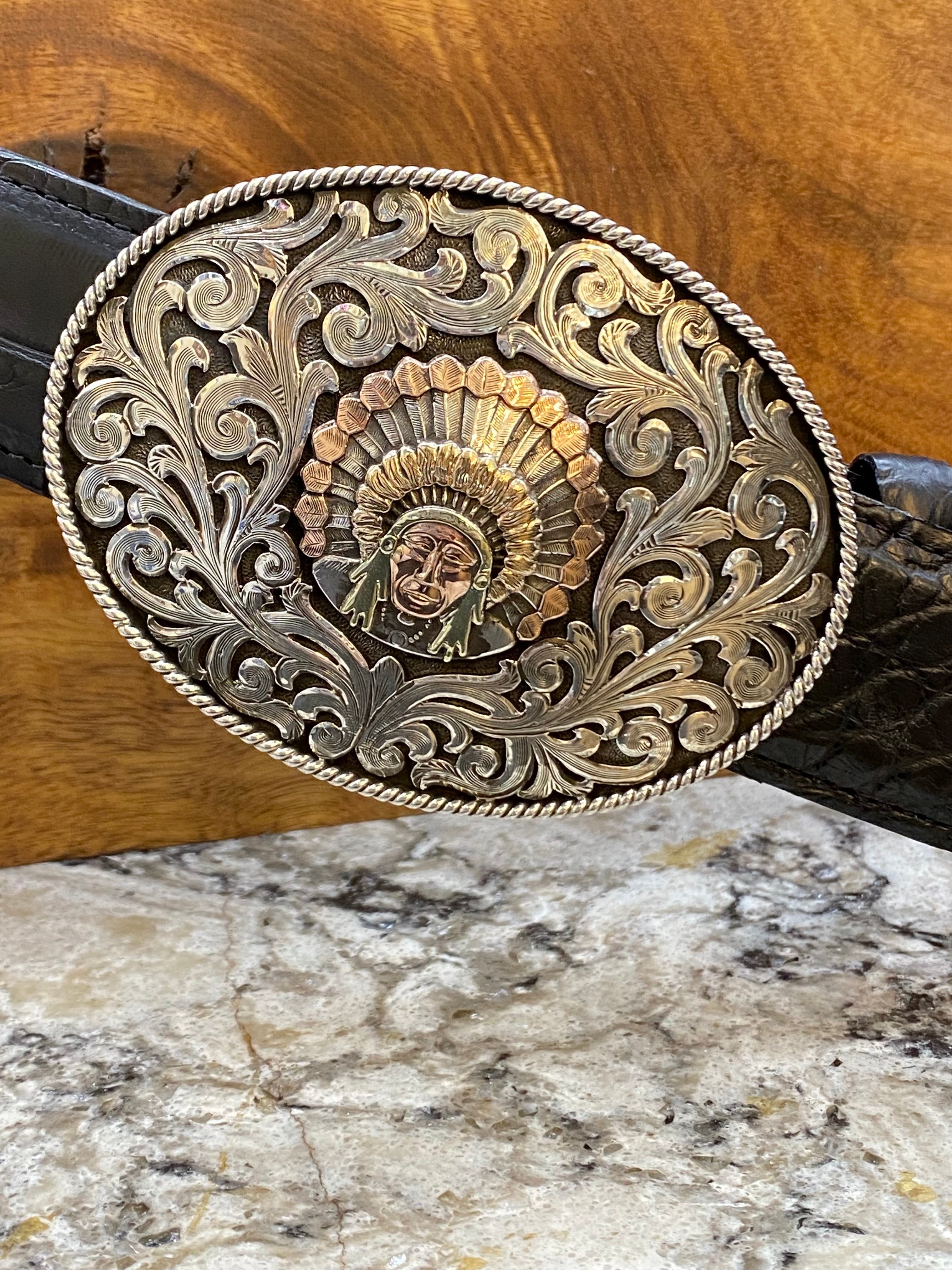 "Large Oval Indian Head" Silver and Gold Buckle by Bohlin