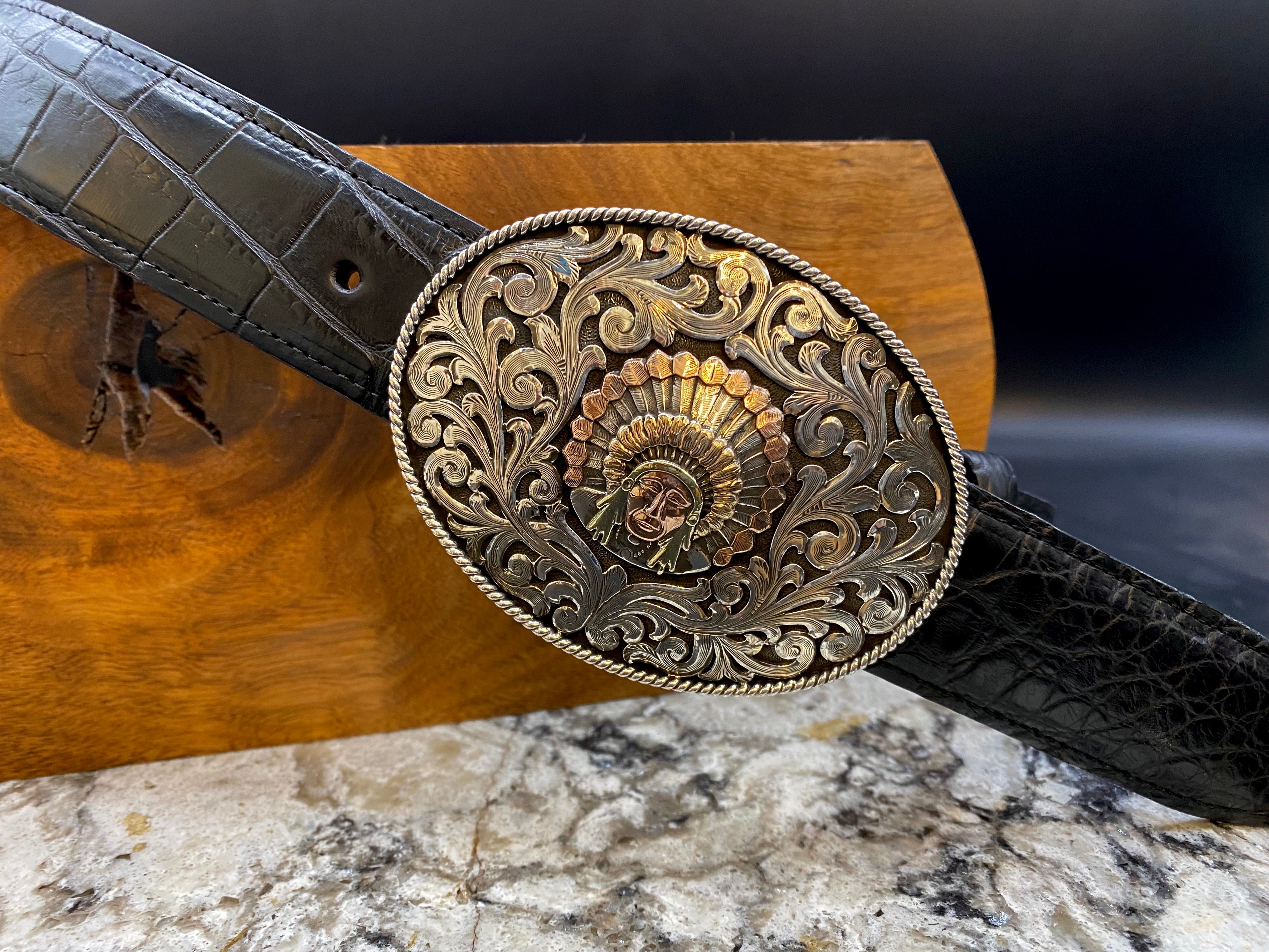 "Large Oval Indian Head" Silver and Gold Buckle by Bohlin