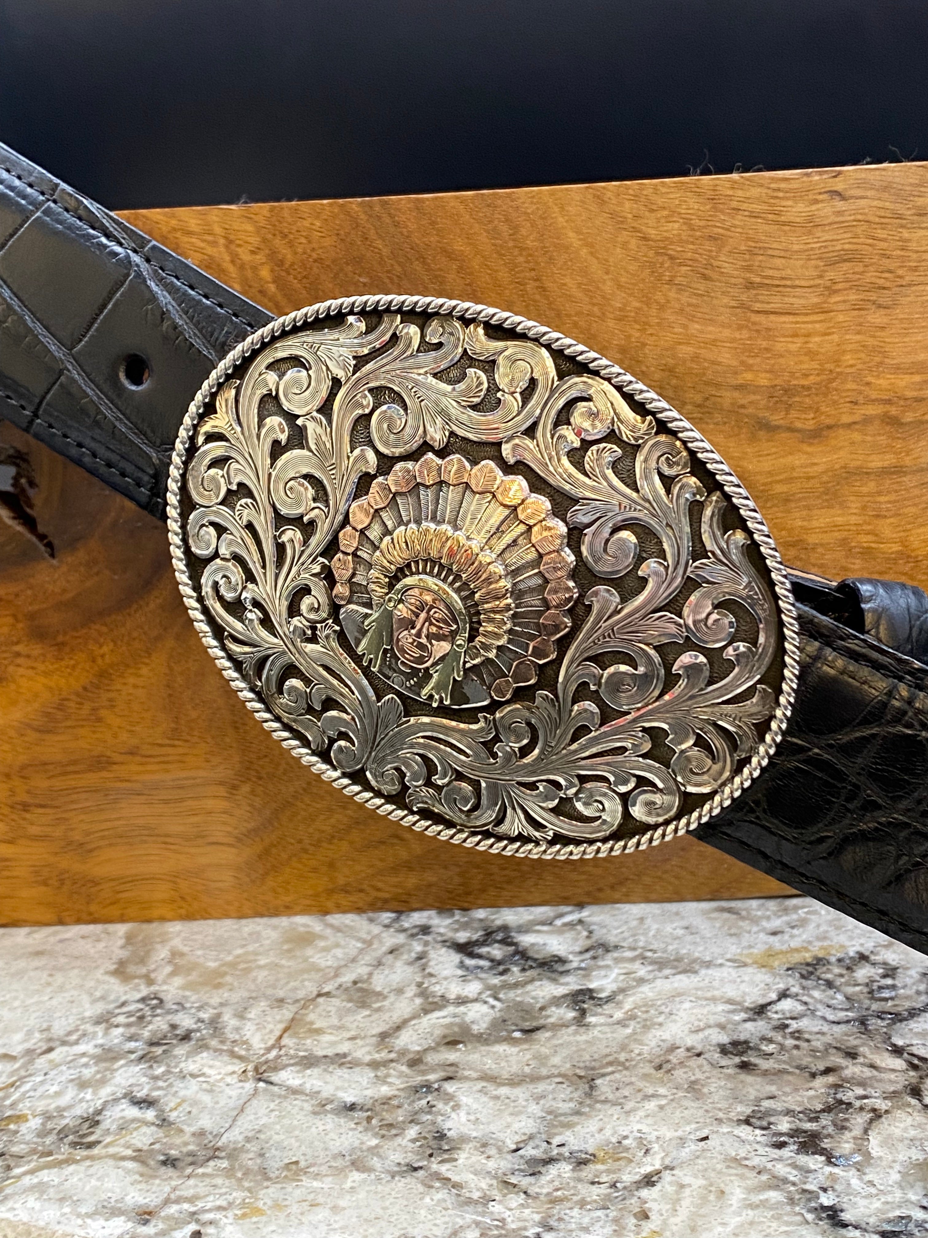 "Large Oval Indian Head" Silver and Gold Buckle by Bohlin