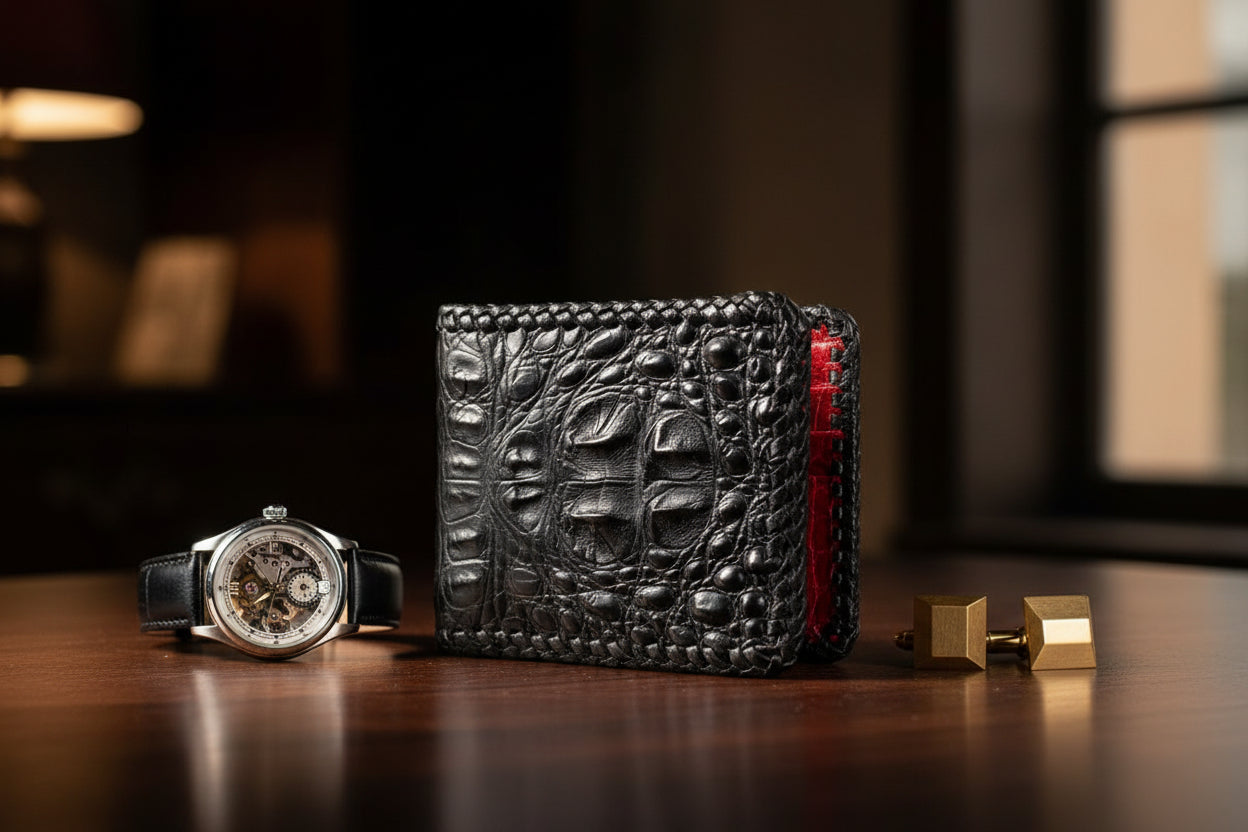 Black Hornback “President” Full Alligator Wallet with Red Alligator Interior