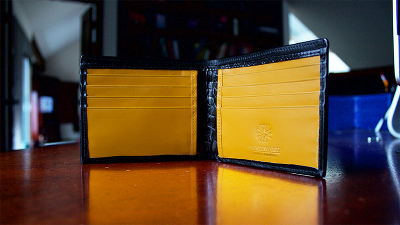 Men's Designer Black and Yellow Leather Bifold Wallet in French Calf and Alligator