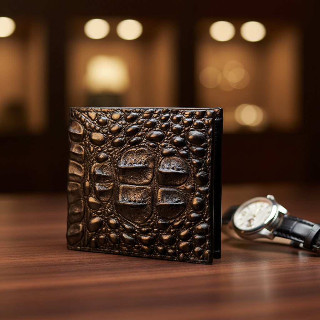 A black classic hornback alligator wallet made from fine leather, displayed in an open bifold style showing multiple card slots.