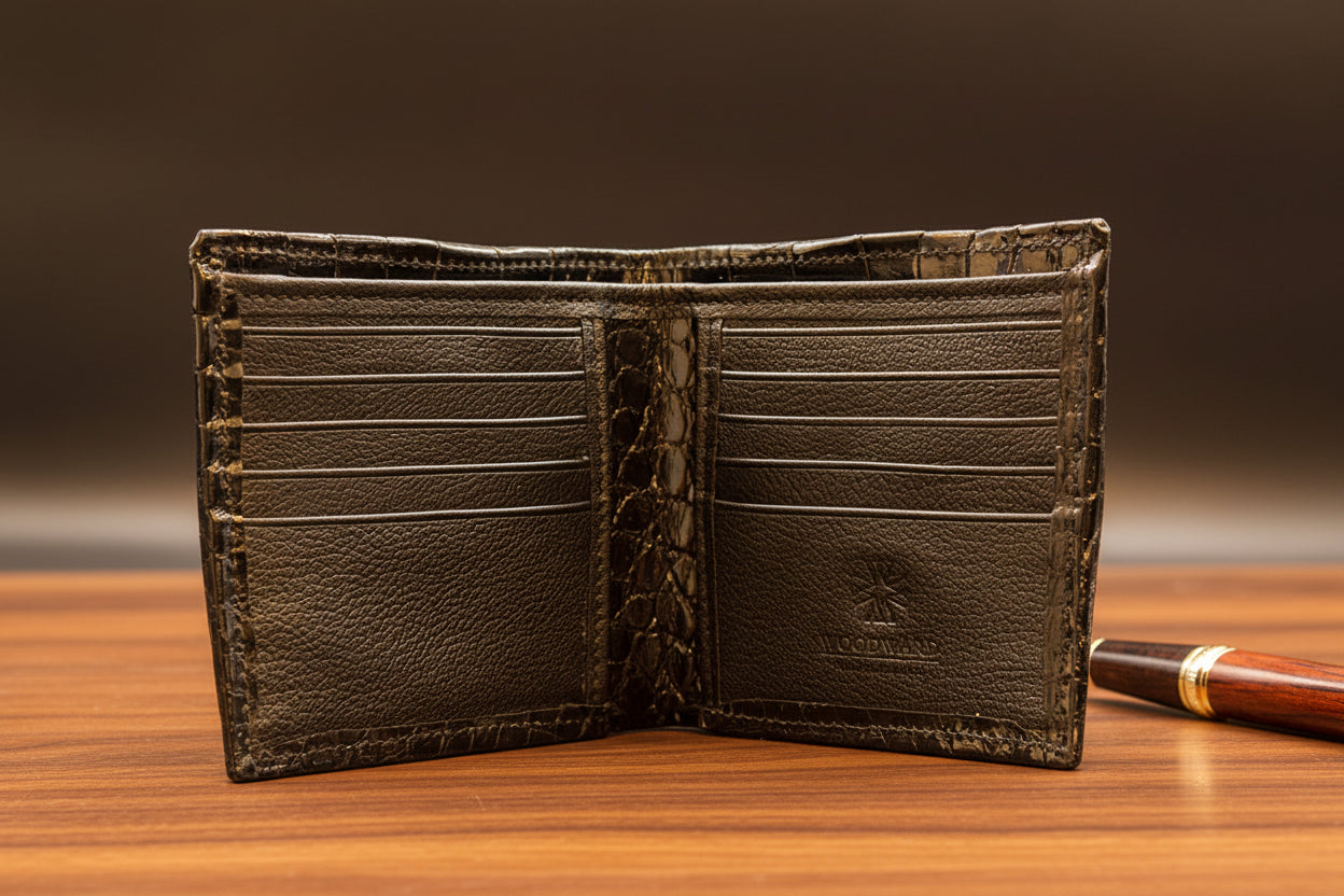 Black glazed alligator wallet with a traditional billfold design, showing signs of wear and branding on the front.