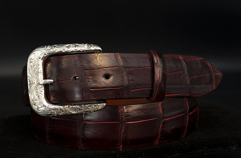 Black Cherry Alligator Belt With "Engraved New Yorker" Sterling Silver Buckle