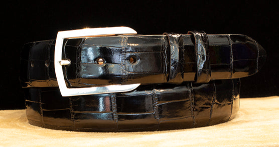 "Vail" Sterling Silver Belt Buckle with Black Glazed Alligator Belt