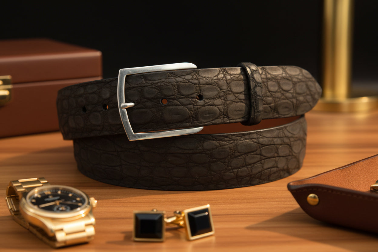 Black Suede Crocodile Belt
