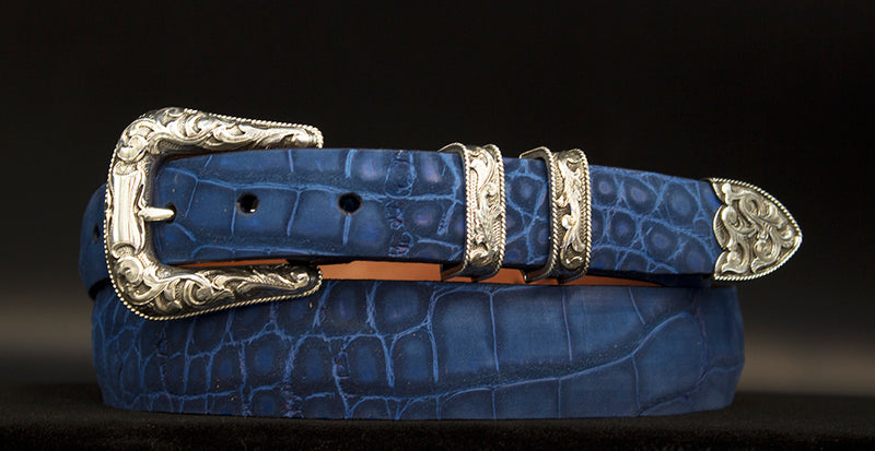 Bohlin Sterling Silver Buckle Set With Blue Suede Alligator Belt