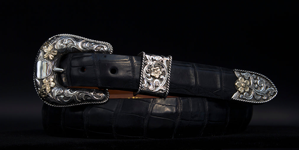Bohlin "Gold Flowers" Sterling Silver and Gold Buckle Set With Alligator Belt
